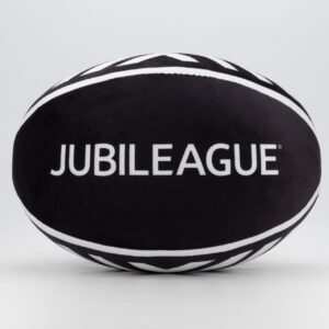 A rugby ball with the Jubileague word mark on the side and the shield logo on two sides.