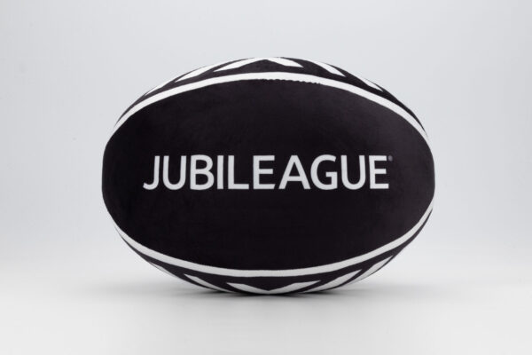 A rugby ball with the Jubileague word mark on the side and the shield logo on two sides.